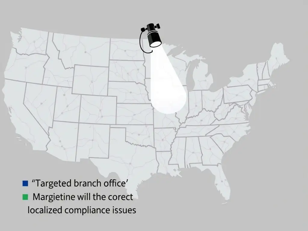 A map highlighting a single regional branch office with a spotlight on it. The spotlight represents 'Targeted Training' and 'Enhanced Monitoring' being applied to correct localized compliance issues.