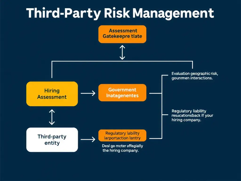 A flowchart or graphic illustrating the process of third-party risk management. It should show a hiring company, the risk assessment gatekeeper stage (evaluating reputation, geographic risk, and government interactions), and a third-party entity, highlighting the potential flow of regulatory liability (such as bribery or corruption risk) back to the hiring company.