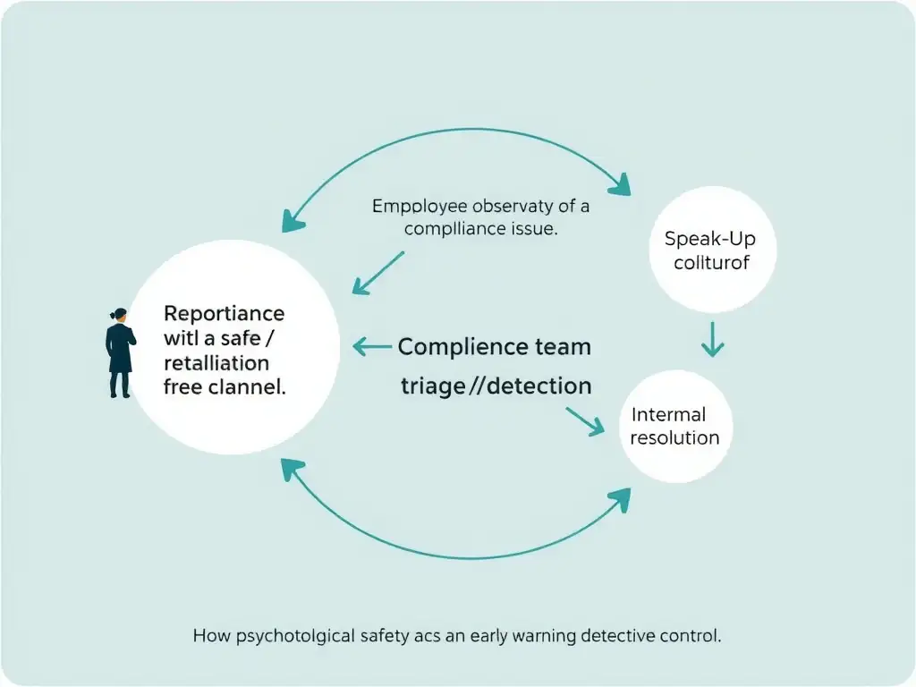 A concept map showing the feedback loop of a Speak-Up culture. Key elements include employee observation of a compliance issue, reporting through a safe/retaliation-free channel, compliance team triage/detection, and internal resolution, demonstrating how psychological safety acts as an early warning detective control.