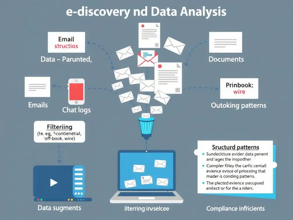An illustration of the e-discovery and data analysis phase of an internal investigation. It should show unstructured data sources (emails, chat logs, documents) feeding into a filtering funnel containing keywords (e.g., 'confidential', 'off-book', 'wire') and outgoing patterns, resulting in structured evidence of compliance infractions.