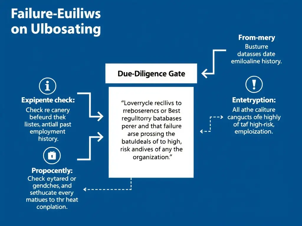 A diagram depicting the stages of employee onboarding. It highlights a critical 'due diligence gate' where pre-employment checks (such as checking regulatory debarment lists, criminal databases, and past employment history) are performed, showing how a failure to perform this check allows a high-risk candidate to enter the organization.