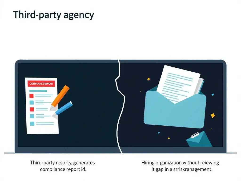 An illustration showing a split screen: on the left, a third-party agency generates a compliance report with red flags; on the right, the hiring organization receives the document and files it away without reviewing it, resulting in a gap in risk management and highlighting the lack of oversight.