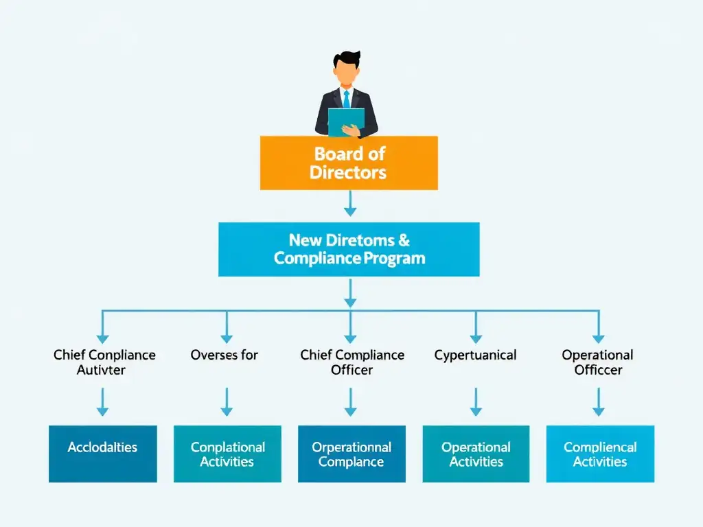 A diagram illustrating the governance structure of a compliance program. The Board of Directors sits at the top, providing oversight, authority, and resource allocation to the Chief Compliance Officer, who in turn manages the operational compliance activities, showing the flow of accountability.