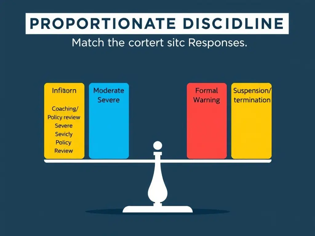 A scale diagram representing the concept of 'Proportionate Discipline' in compliance. On one side are various infractions (minor, moderate, severe) and on the other side are matching responses (coaching/policy review, formal warning, suspension/termination), showing them in perfect balance.