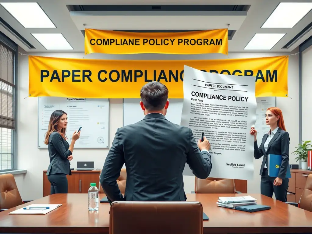 A visual metaphor of a 'paper compliance program'. It shows a corporate office where executives are ignoring compliance banners, and employees are viewing a compliance policy document as a literal shield of paper that is flimsy and easily bypassed, illustrating the risk of lacking genuine executive support.