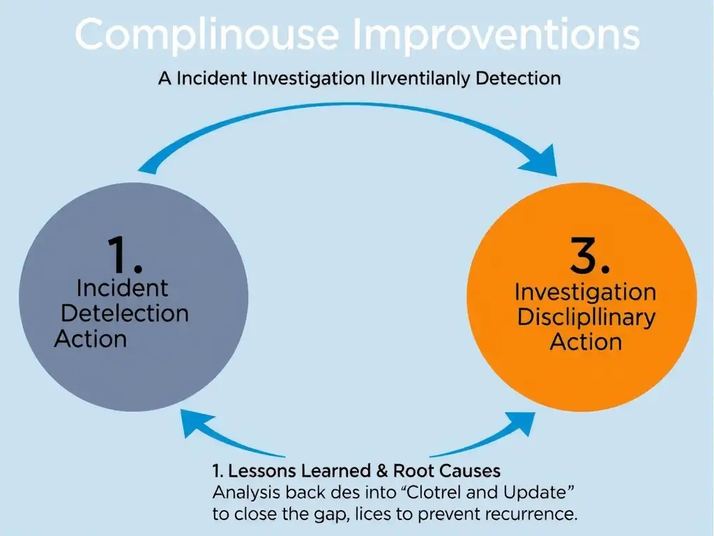 A diagram depicting a continuous improvement loop for compliance investigations. The phases are: 1. Incident Detection, 2. Investigation, 3. Disciplinary Action, and 4. Lessons Learned & Root Cause Analysis, which feeds back into 'Control and Policy Updates' to close the gap and prevent recurrence.