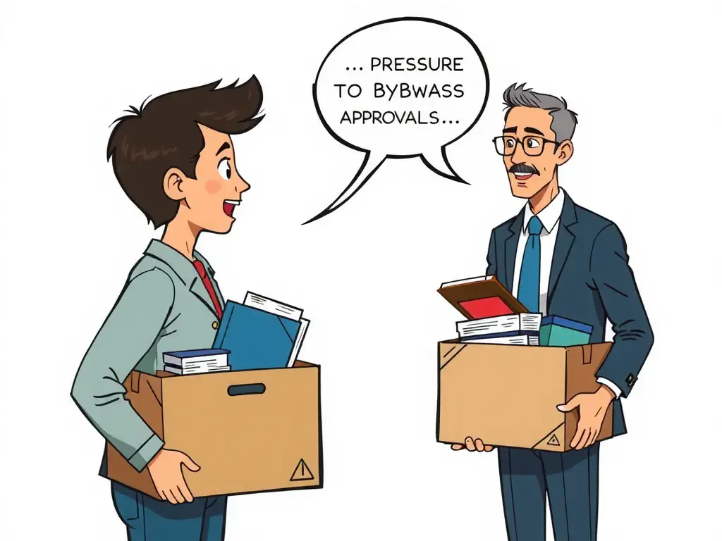 An illustration depicting a compliance officer interviewing a departing employee who is carrying a box of their belongings. A speech bubble from the employee reveals insights or key phrases (e.g., 'pressure to bypass approvals', 'unethical behavior in sales'), showing the interview acting as an information-gathering detective check.
