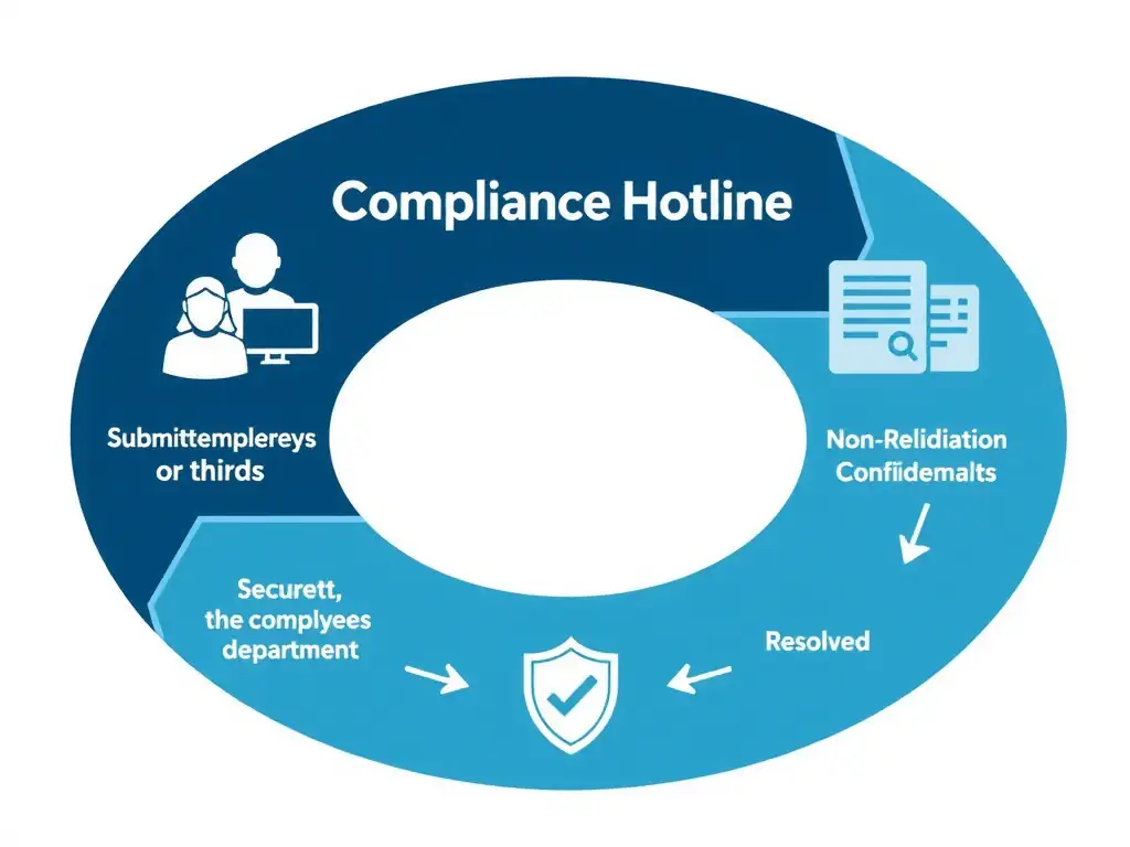 A flowchart showing the intake process of a compliance hotline, illustrating how reports are submitted anonymously/confidentiality by employees or third parties, routed securely to the compliance department, investigated, and resolved, with a clear shield icon representing non-retaliation protections.