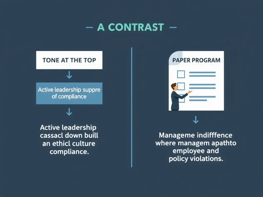 A contrast diagram comparing 'Tone at the Top' where active leadership support cascades down to build an ethical culture of compliance, versus a 'Paper Program' where management indifference leads to employee apathy and policy violations.