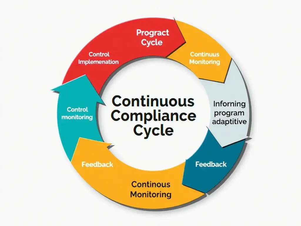 A circular diagram depicting the continuous compliance cycle: Risk Assessment leading to Control Implementation, leading to Continuous Monitoring, generating Feedback, which informs program updates and adaptation.