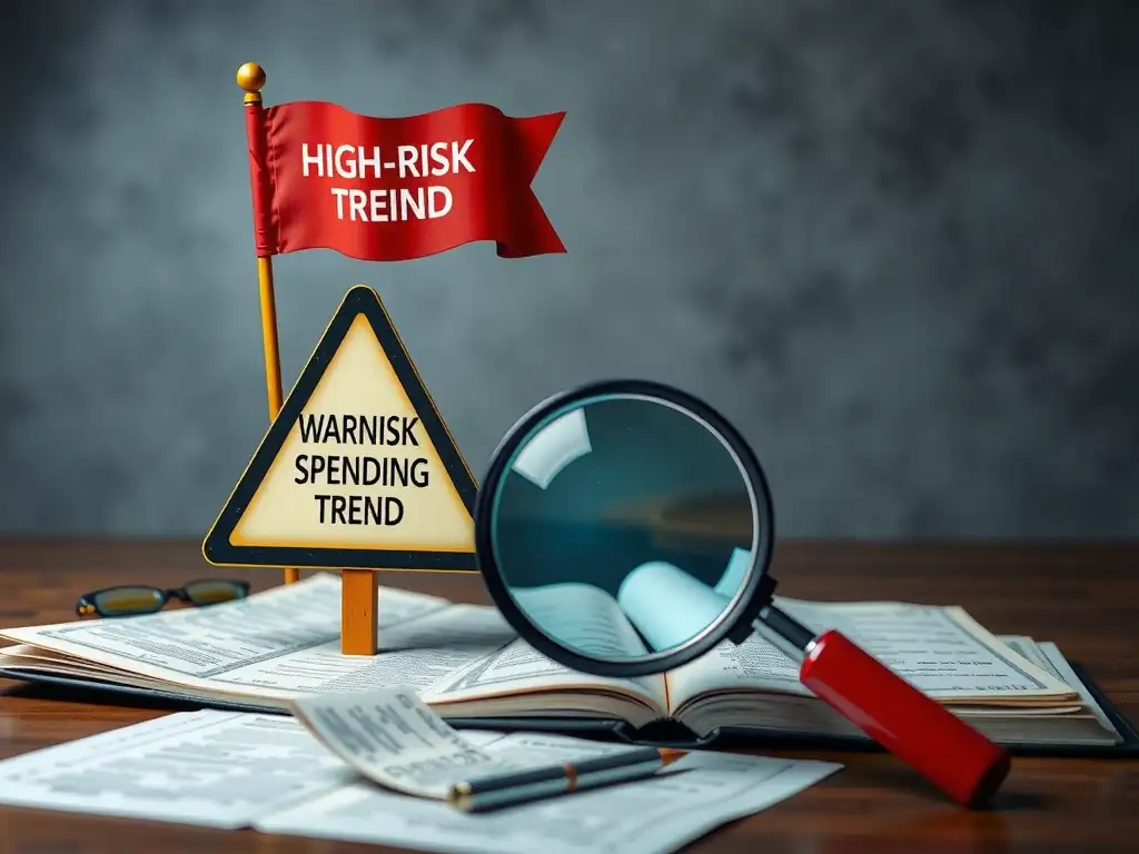 A warning sign depicting a red flag labeled 'High-Risk Spending Trend' triggering a magnifying glass searching through financial records (ledgers, receipts) to represent forensic auditing.