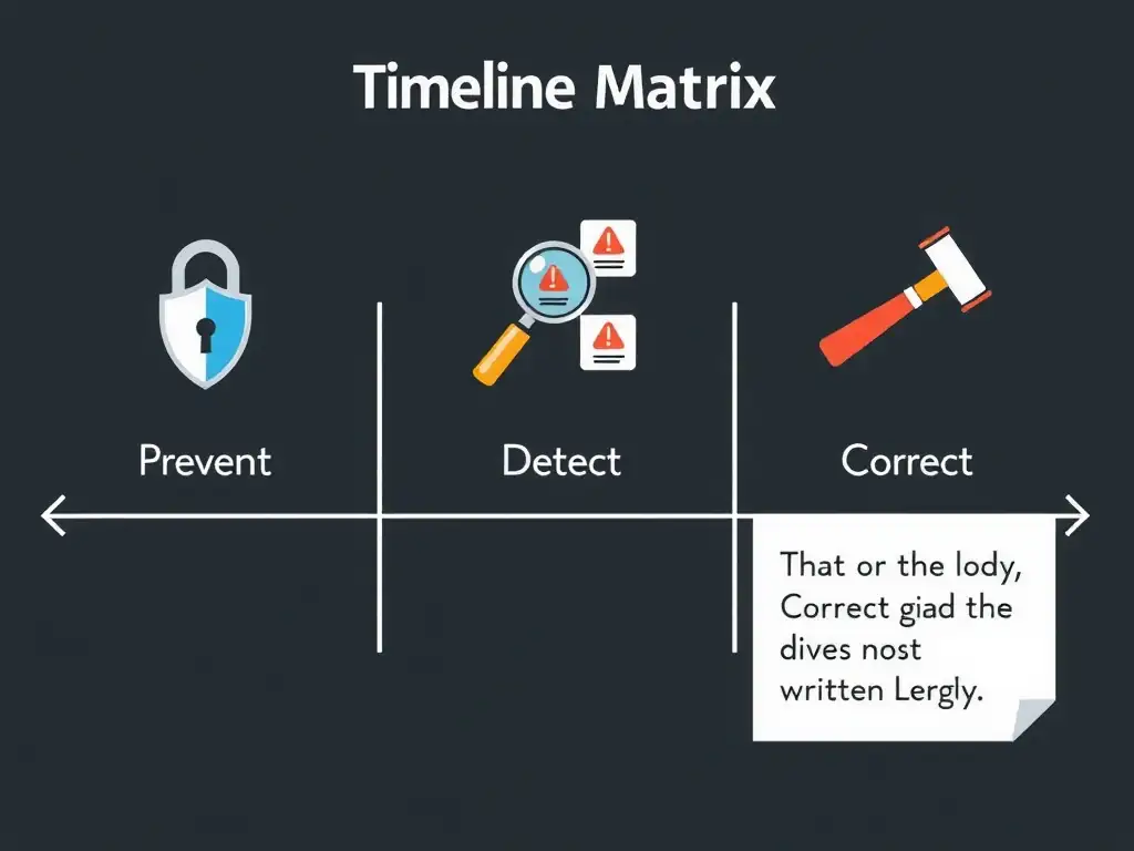 A timeline or matrix showing three columns: 'Prevent' (shield/lock), 'Detect' (magnifying glass/alerts), and 'Correct' (hammer/gavel/written warning), with the corrective section highlighted.