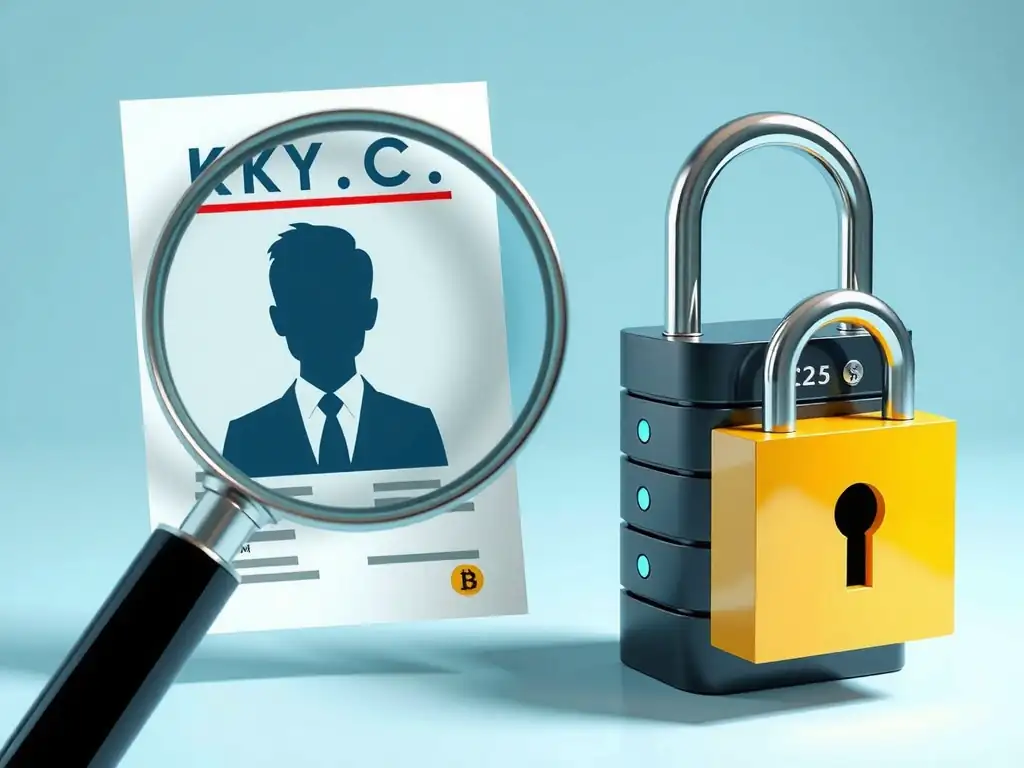 A magnifying glass inspecting an identity document and corporate profile (labeled KYC), alongside a digital lock shielding a transaction database from illicit funds.