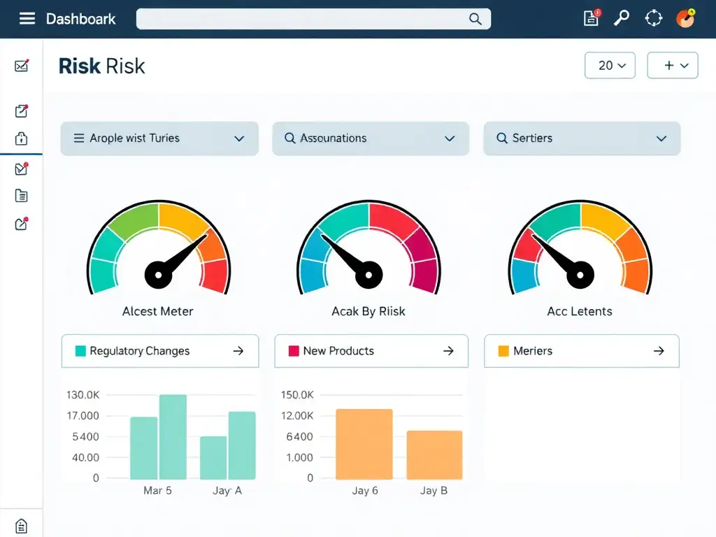 A dashboard showing dynamic risk meters fluctuating over time in response to incoming alerts (labeled Regulatory Changes, New Products, Mergers), illustrating an adaptive risk assessment system.