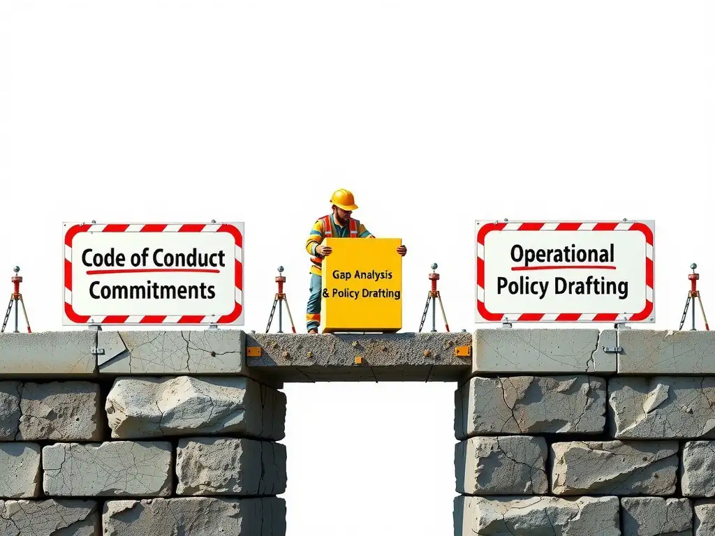 A bridge under construction with a gap between the left side (labeled 'Code of Conduct Commitments') and the right side (labeled 'Operational Policies & Training'), with a compliance engineer placing a block labeled 'Gap Analysis & Policy Drafting' to connect them.