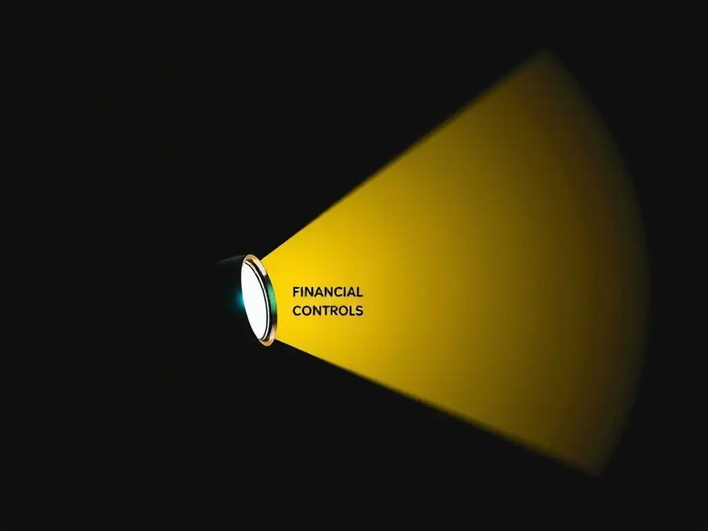 A flashlight illuminating a small area labeled 'Financial Controls' while leaving large dark areas labeled 'Data Privacy,' 'Anti-Corruption,' and 'Labor Standards' completely in the dark.