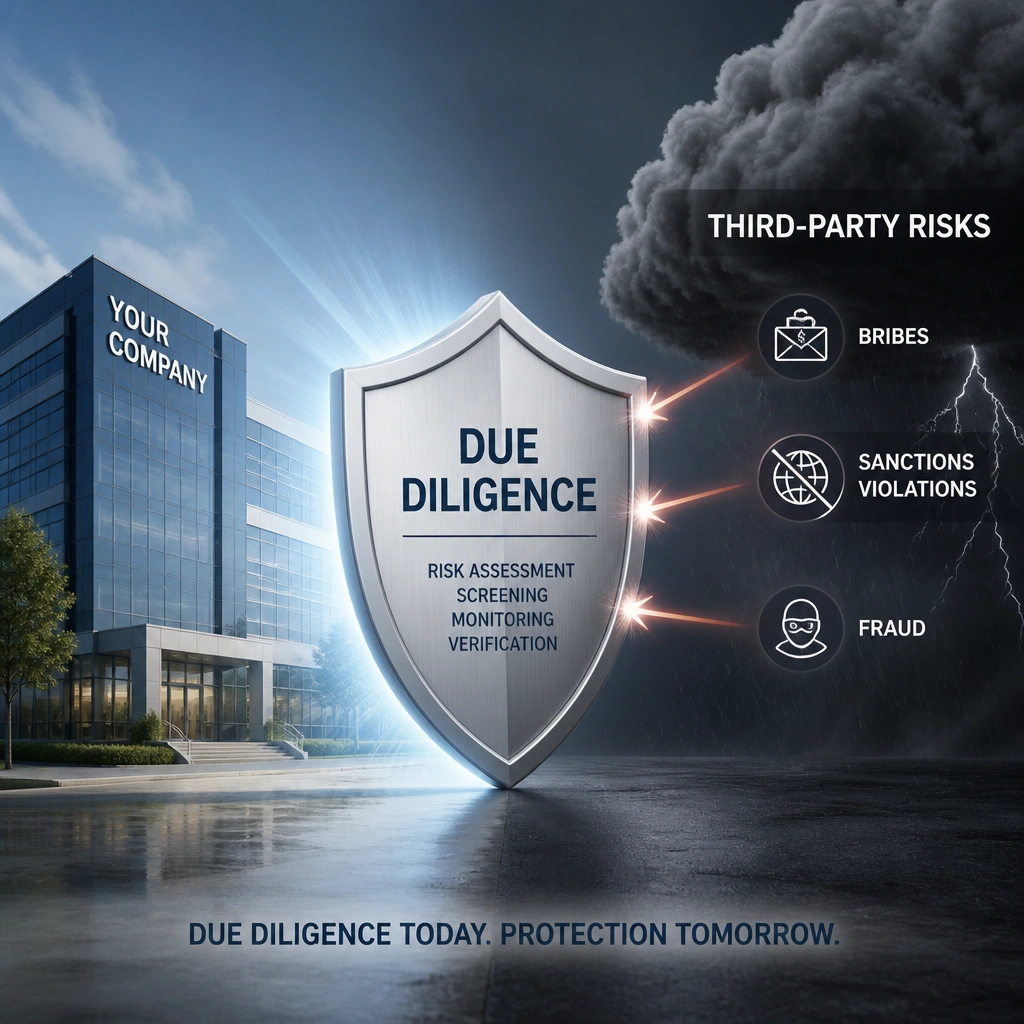 A protective shield icon positioned between a corporate building and a storm cloud representing 'Third-Party Risks' (bribes, sanctions violations, fraud), illustrating how due diligence acts as a buffer.