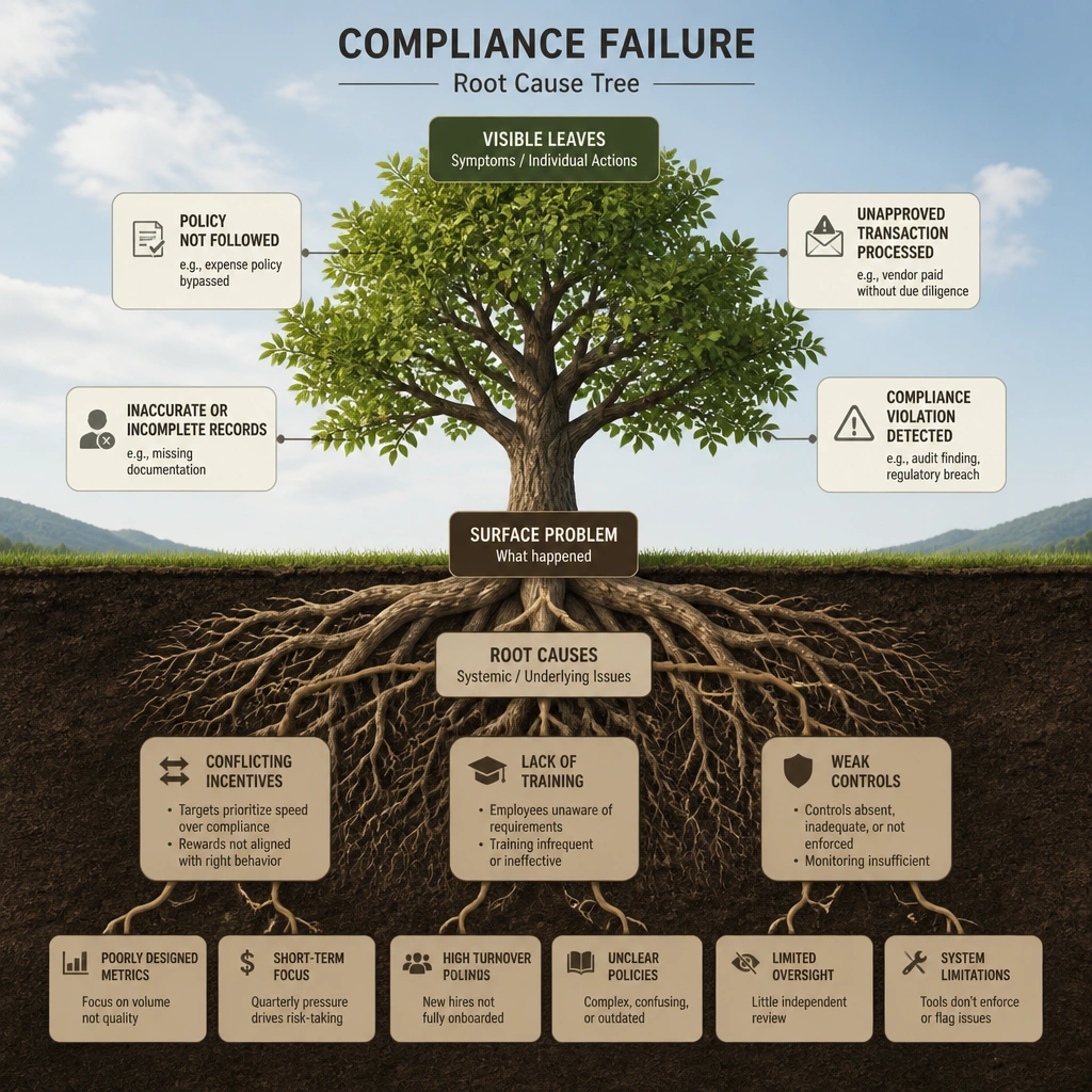 A tree diagram representing a compliance failure, showing the visible leaves (the symptom/individual action) connected down to the deep roots underground representing systemic causes like 'conflicting incentives,' 'lack of training,' and 'weak controls.'