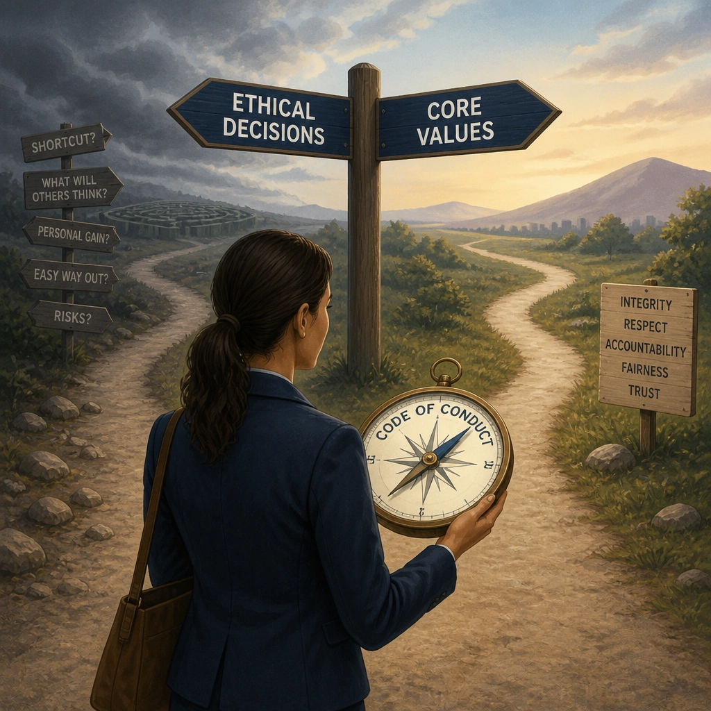 An illustration of an employee at a crossroads facing a complex decision, holding a compass labeled 'Code of Conduct' pointing towards 'Ethical Decisions' and 'Core Values.'