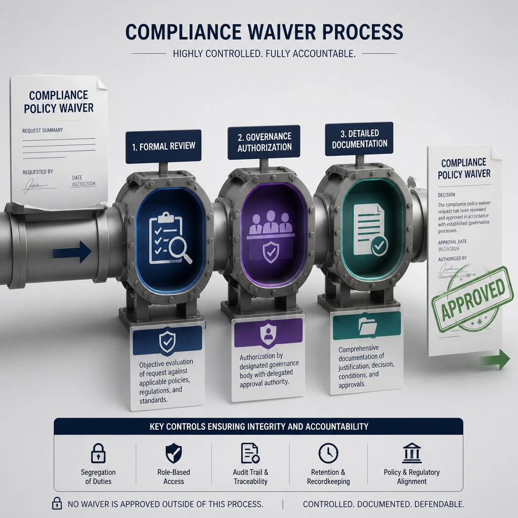 A document labeled 'Compliance Policy Waiver' stamped with 'Approved' only after passing through a pipeline of 'Formal Review', 'Governance Authorization', and 'Detailed Documentation', indicating a highly controlled process.