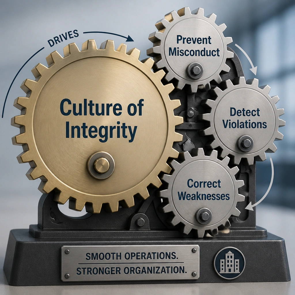 A gear system where a large gear labeled 'Culture of Integrity' drives smaller gears labeled 'Prevent Misconduct,' 'Detect Violations,' and 'Correct Weaknesses' to maintain smooth corporate operations.