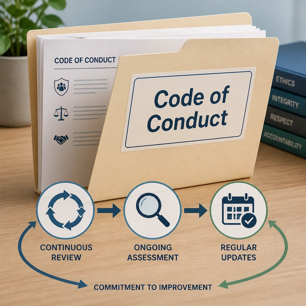An open folder labeled 'Code of Conduct' with icons showing update cycles (arrows, magnifying glass, and calendar), symbolizing continuous review and revision.
