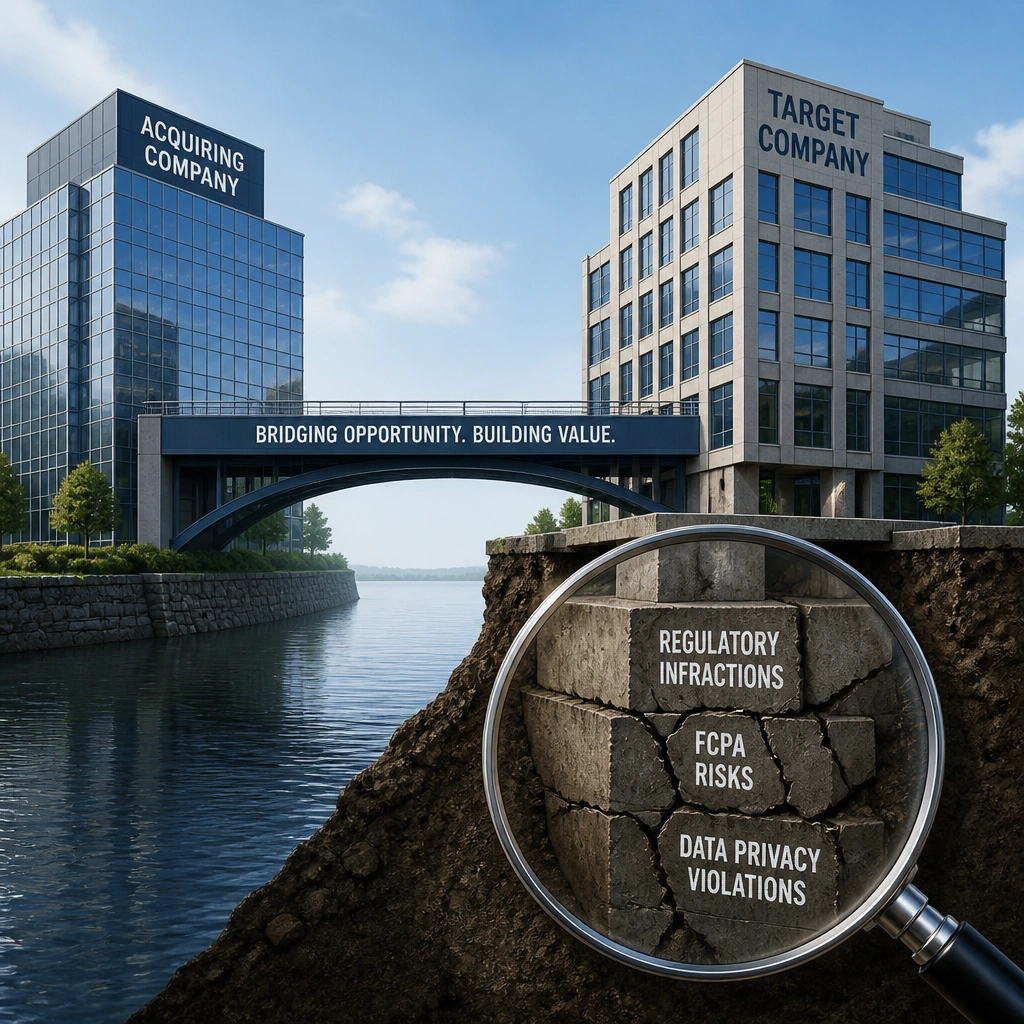 An illustration depicting a bridge connecting two corporate buildings (representing the acquiring company and the target company), with a magnifying glass examining the foundations of the target building to uncover cracks labeled "Regulatory Infractions," "FCPA Risks," and "Data Privacy Violations."