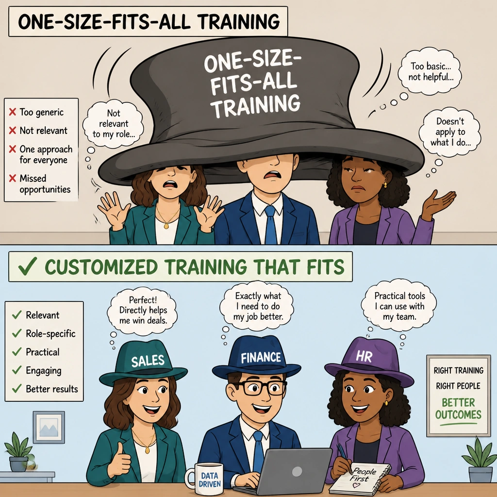 A cartoon comparing a single massive, oversized hat labeled "One-Size-Fits-All Training" falling over the eyes of various employees, versus customized hats (labeled "Sales," "Finance," "HR") that fit each employee perfectly.