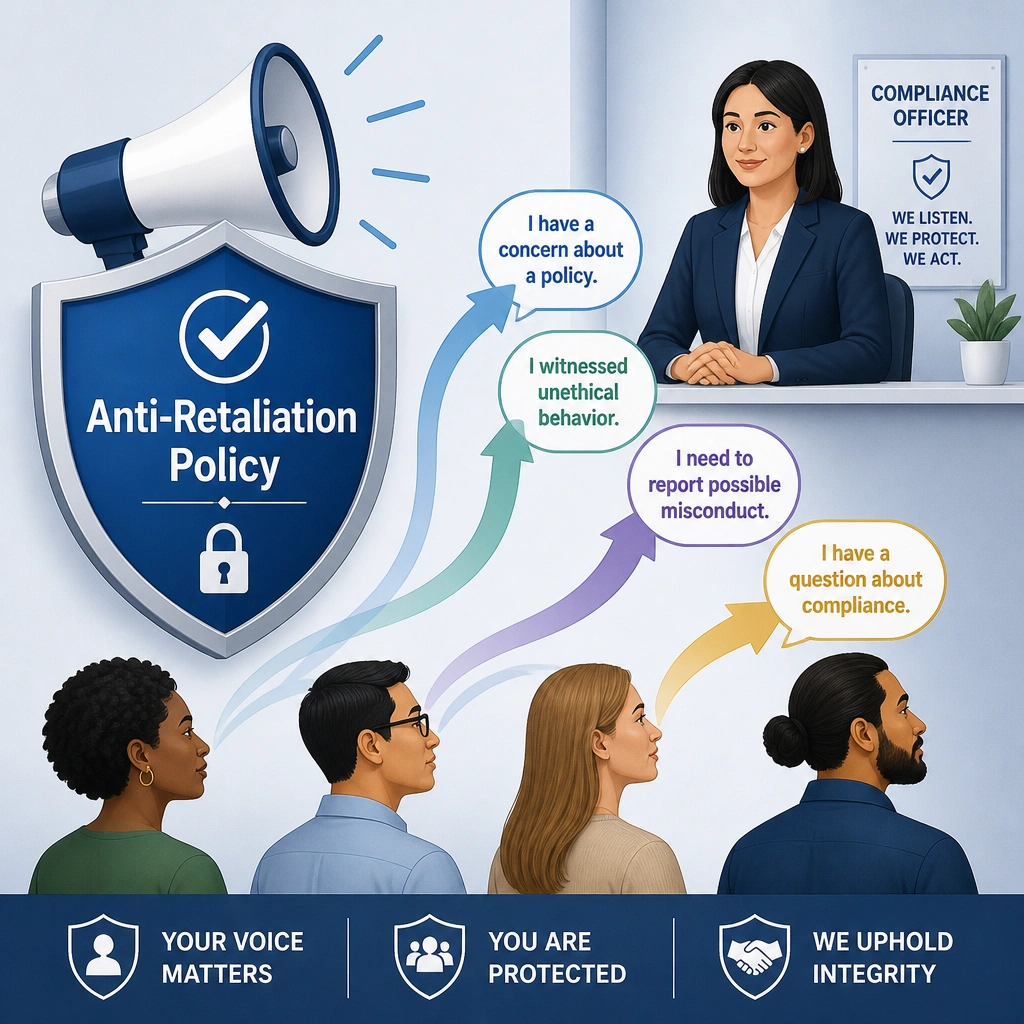 A megaphone icon alongside a shield labeled "Anti-Retaliation Policy," showing speech bubbles rising from diverse employees toward a compliance officer, illustrating open, protected communication.