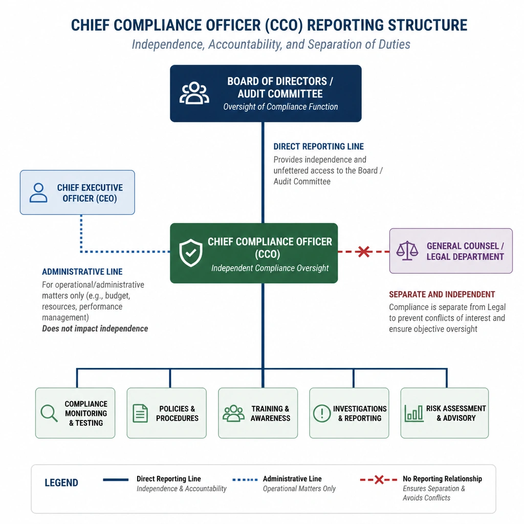 An organizational chart illustrating the reporting lines of the Chief Compliance Officer (CCO), showing a direct reporting path to the Board of Directors/Audit Committee and a dotted administrative line to the CEO, highlighting the separation from the Legal Department to prevent conflicts of interest.