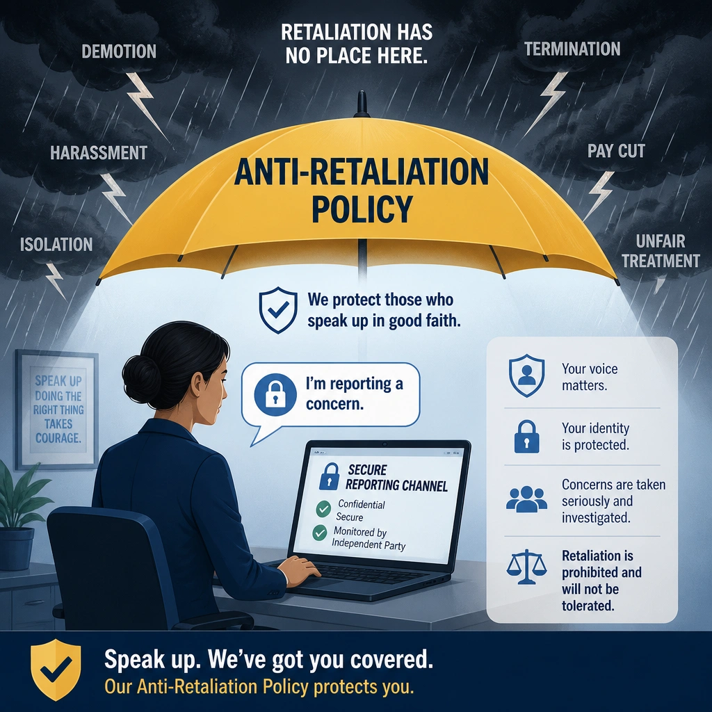 A graphic showing a whistleblower speaking into a secure reporting channel, protected by an umbrella labeled 'Anti-Retaliation Policy' shielding them from adverse workplace actions (represented as rain or lightning).