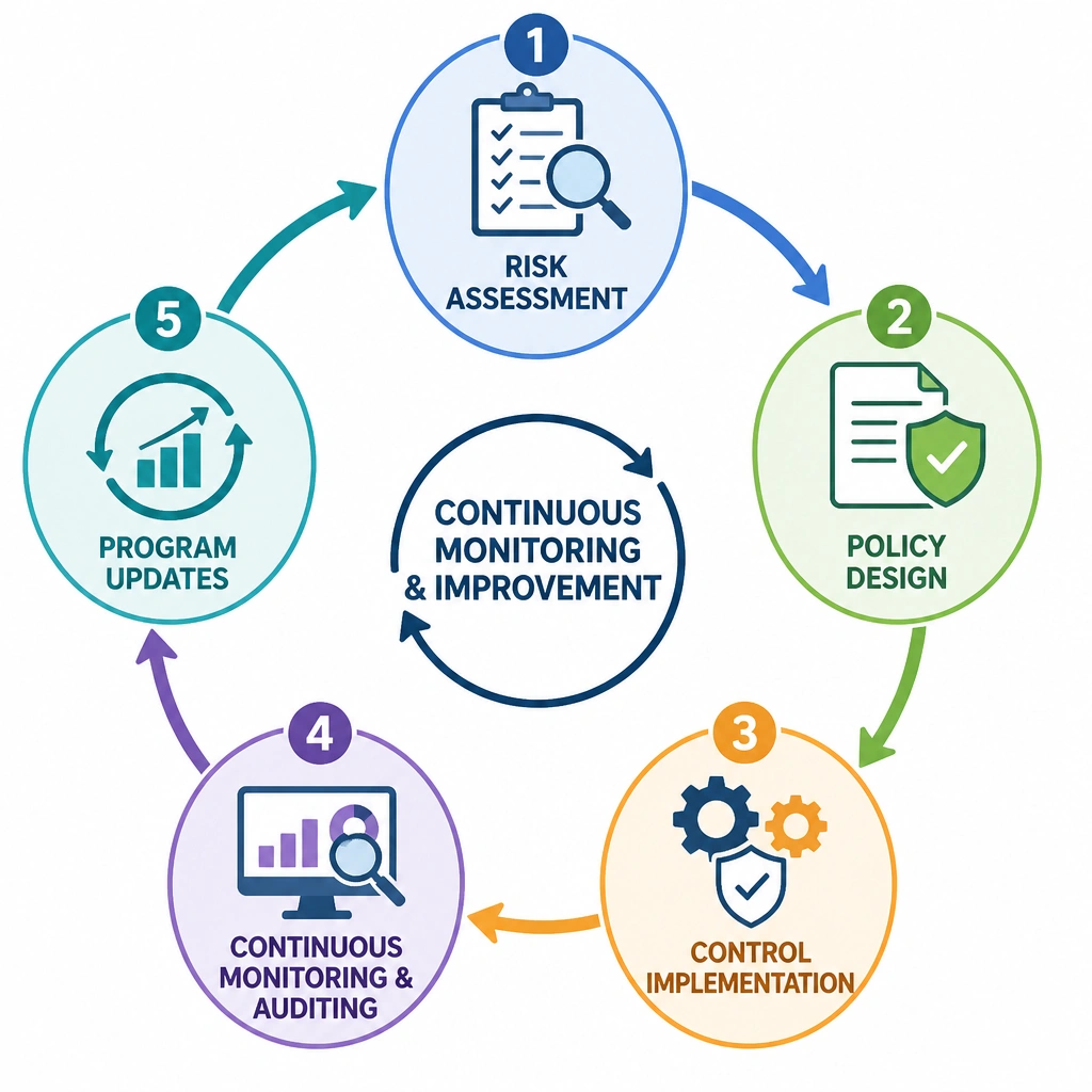 A circular feedback loop illustrating continuous monitoring: Risk Assessment -> Policy Design -> Control Implementation -> Continuous Monitoring & Auditing -> Program Updates (repeating loop).