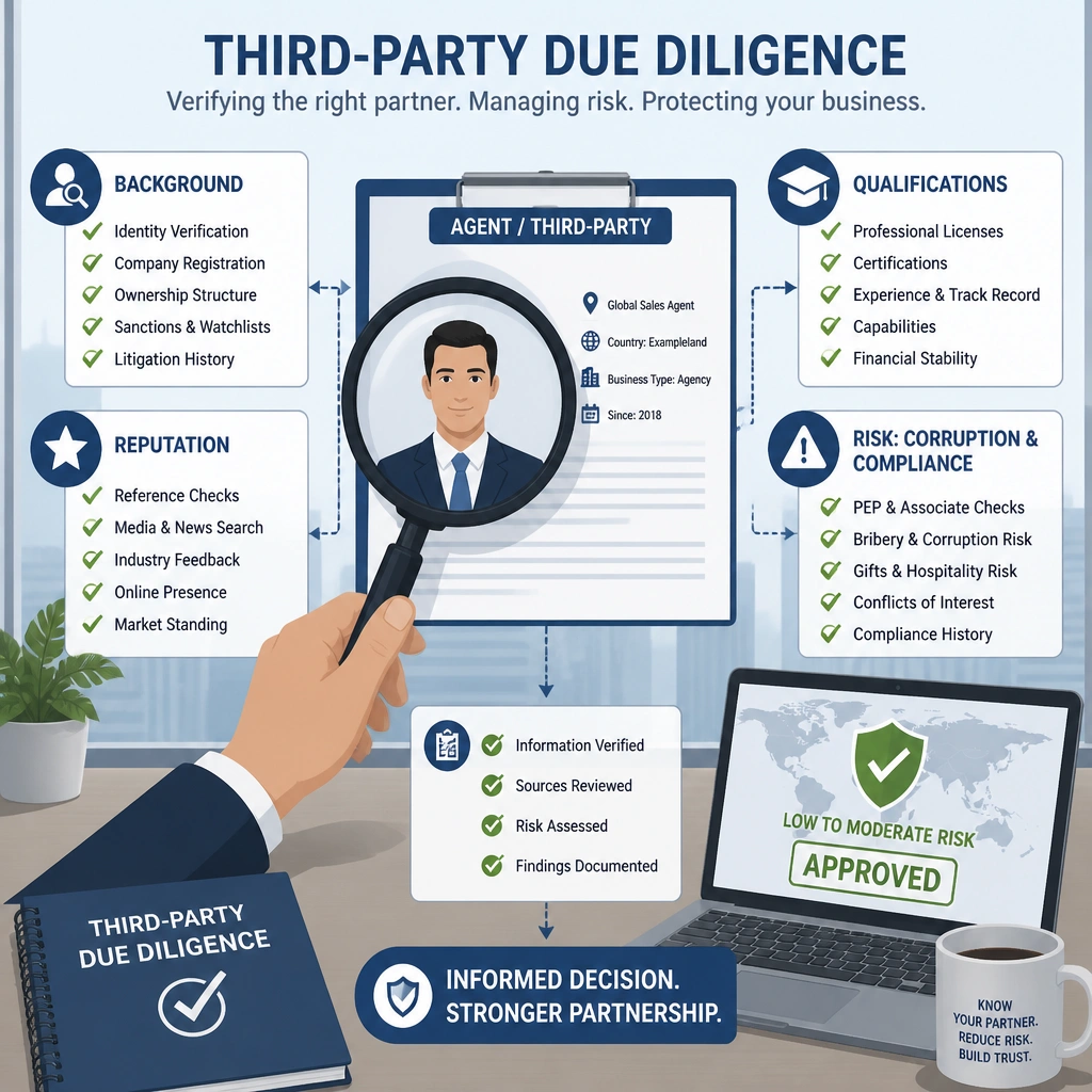 An illustration representing third-party due diligence, showing the verification of an agent's background, reputation, qualifications, and potential corruption or compliance risks.