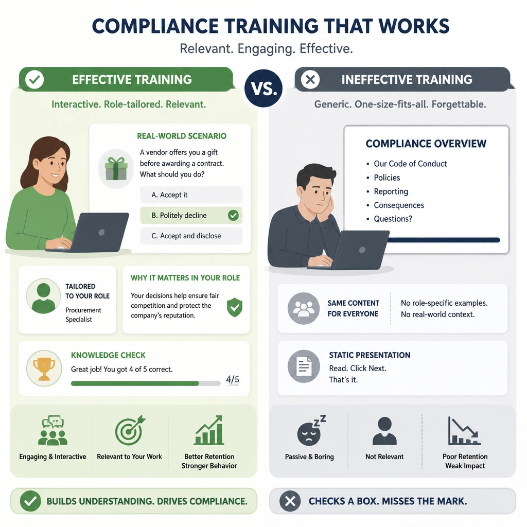 An illustration depicting effective compliance training, showing interactive and role-tailored content (like scenarios or quizzes) versus generic and static presentation slides.