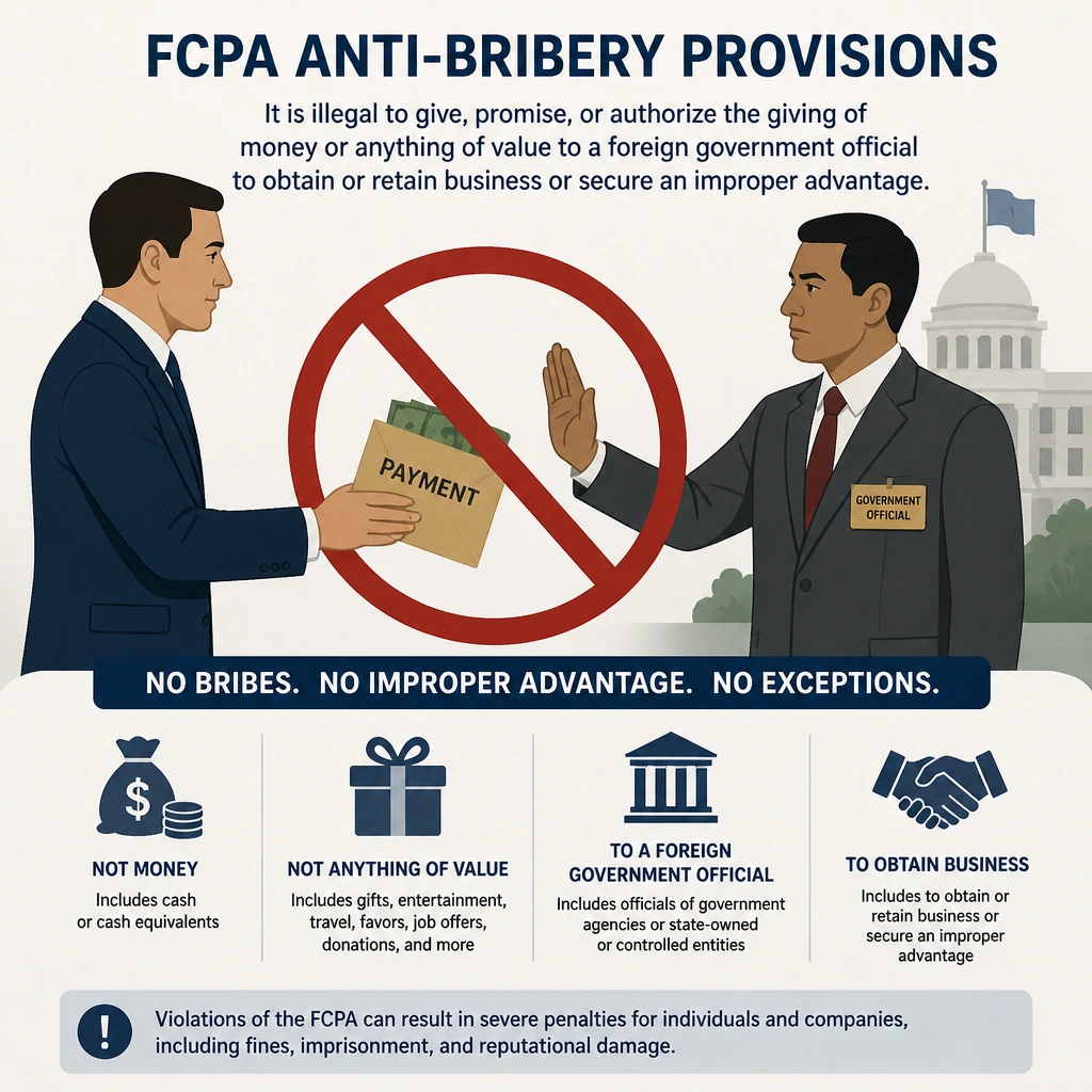 An illustration representing the FCPA anti-bribery provisions, showing the prohibition of giving or promising money or anything of value to a foreign government official to obtain business.