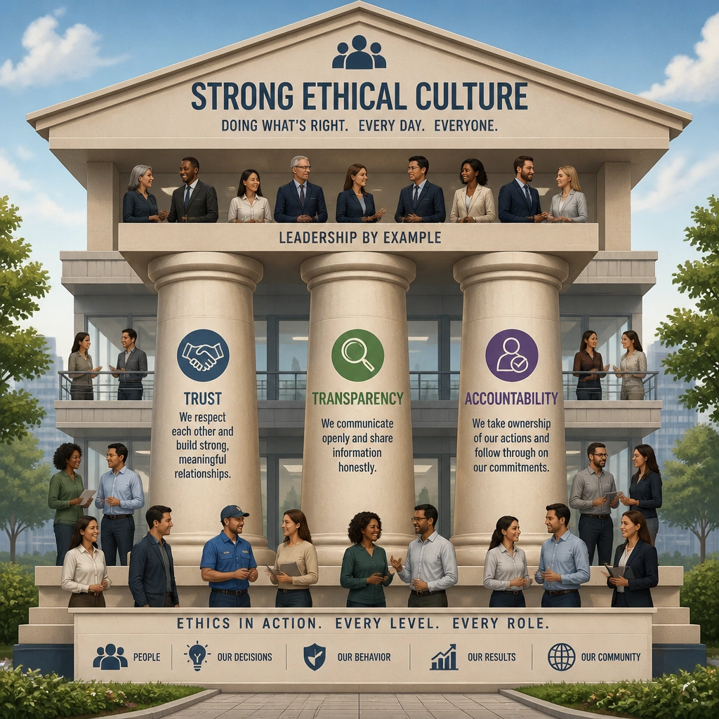 An illustration representing a strong ethical culture built on the pillars of trust, transparency, and accountability across all levels of an organization.