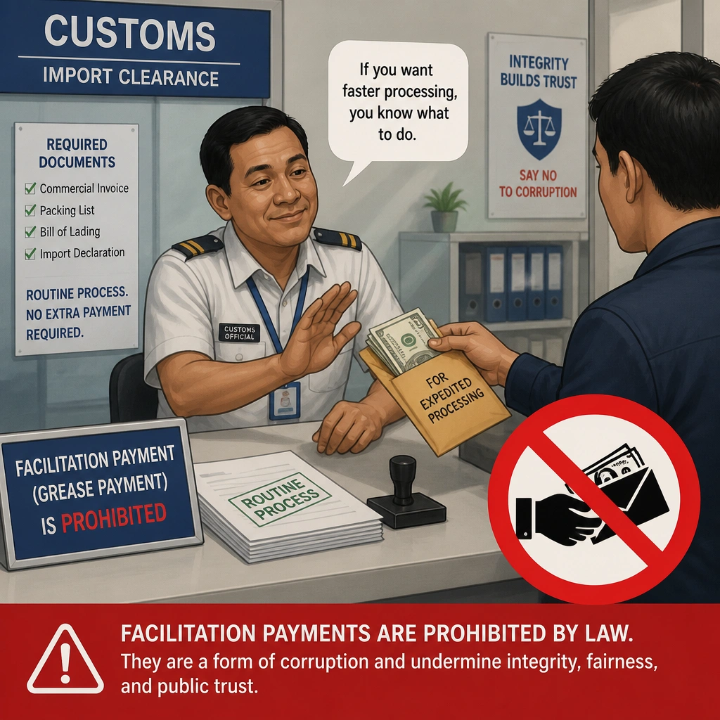 An illustration showing a facilitation payment (grease payment) being made to a customs official to expedite a routine administrative process, with a red warning symbol indicating it is prohibited.