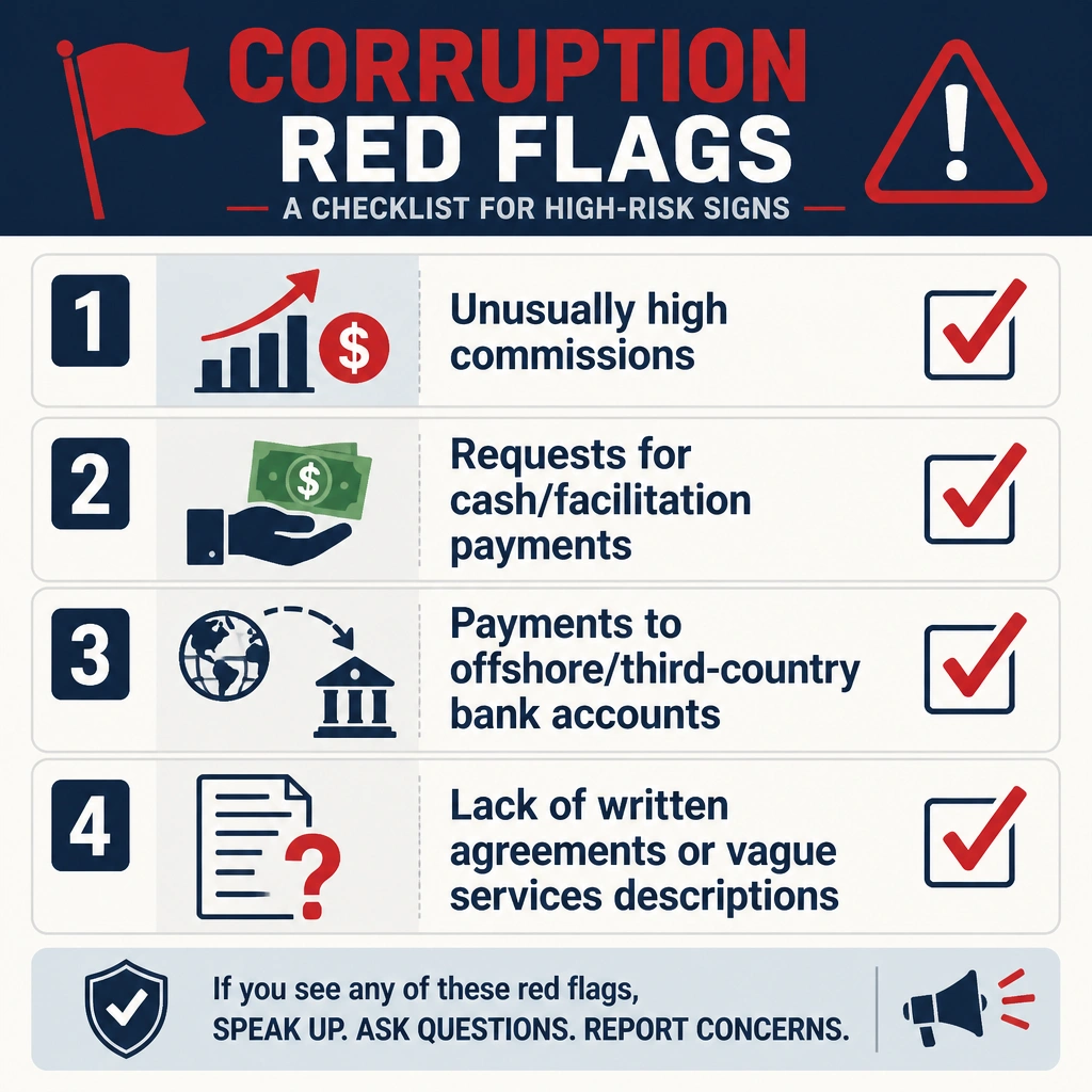 A checklist infographic of corruption red flags: 1) Unusually high commissions, 2) Requests for cash/facilitation payments, 3) Payments to offshore/third-country bank accounts, and 4) Lack of written agreements or vague services descriptions.