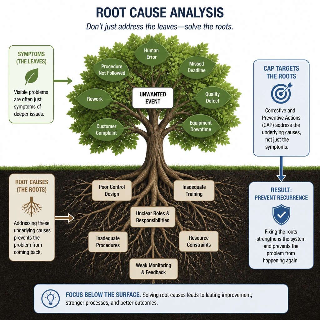 A diagram depicting "Root Cause Analysis" (using a tree analogy: symptoms/leaves like "human error" vs. roots like "poor control design", "inadequate training"), showing how a CAP targets the roots to prevent recurrence.