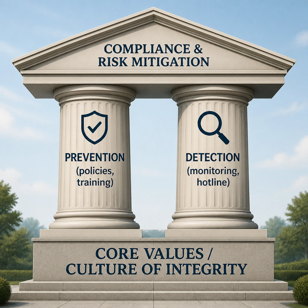 An illustration of a building where the foundation is "Core Values/Culture of Integrity", the pillars are "Prevention" (policies, training) and "Detection" (monitoring, hotline), and the roof is "Compliance & Risk Mitigation".