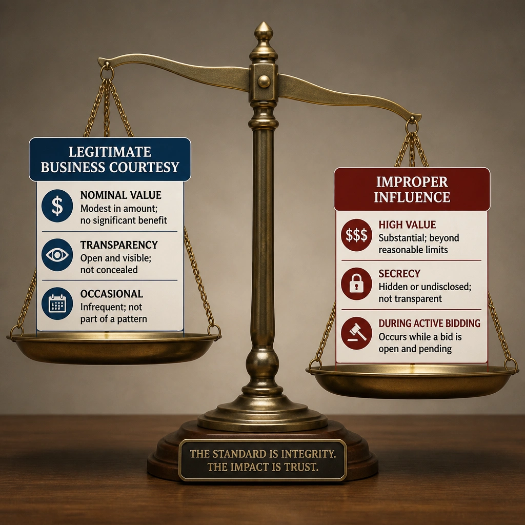 A balance scale depicting "Legitimate Business Courtesy" (nominal value, transparency, occasional) on one side, and "Improper Influence" (high value, secrecy, during active bidding) on the other.