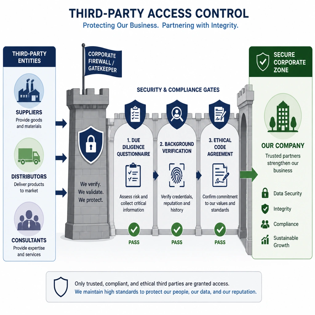 A diagram illustrating a corporate firewall or gatekeeper checking third-party entities (Suppliers, Distributors, Consultants). Each entity must pass through security gates like 'Due Diligence Questionnaire,' 'Background Verification,' and 'Ethical Code Agreement' before entering the secure corporate zone.