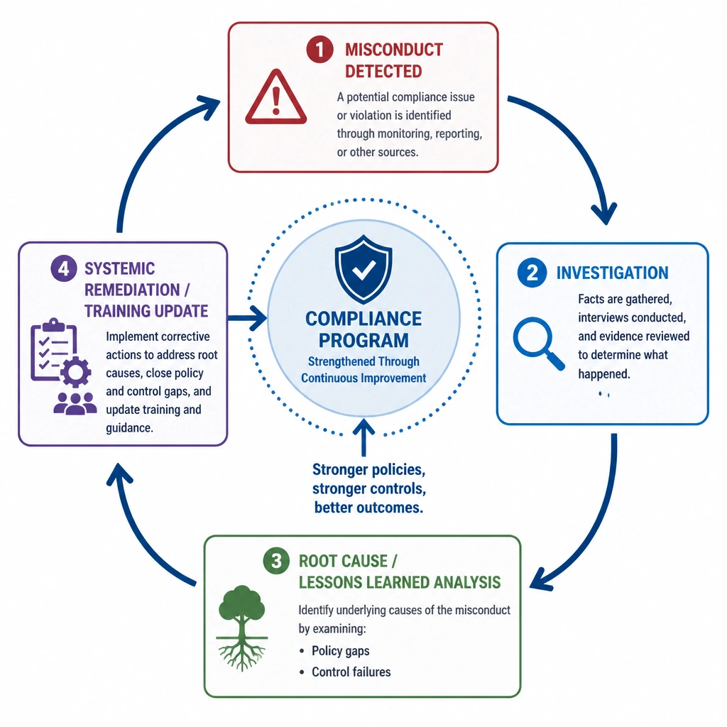 A flowchart showing the loop of continuous compliance improvement: starting with 'Misconduct Detected,' leading to 'Investigation,' then to 'Root Cause / Lessons Learned Analysis' (identifying policy gaps and control failures), and finally to 'Systemic Remediation / Training Update' which feeds back to strengthen the overall Compliance Program.