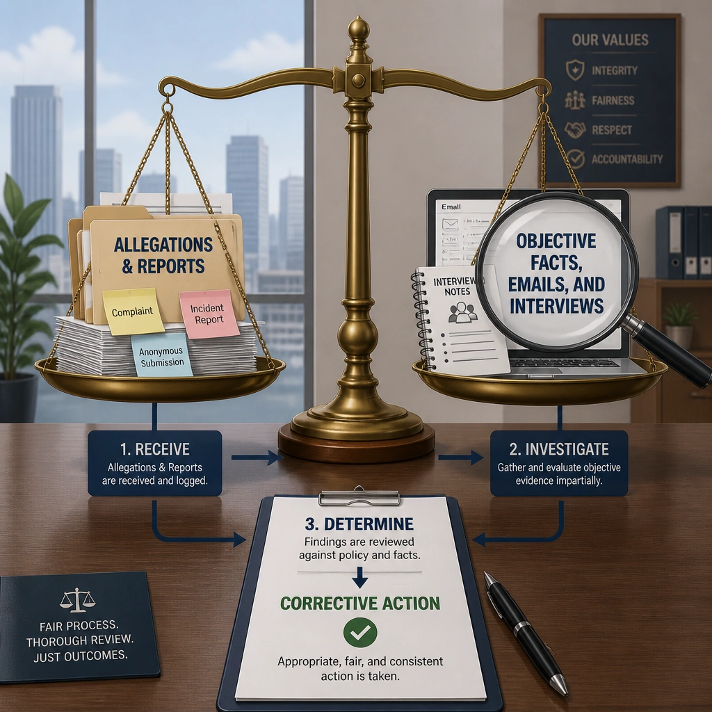 An illustration of a balance scale of justice inside a corporate office. On one side are 'Allegations & Reports' and on the other is a magnifying glass examining 'Objective Facts, Emails, and Interviews,' leading to a final 'Corrective Action' document.
