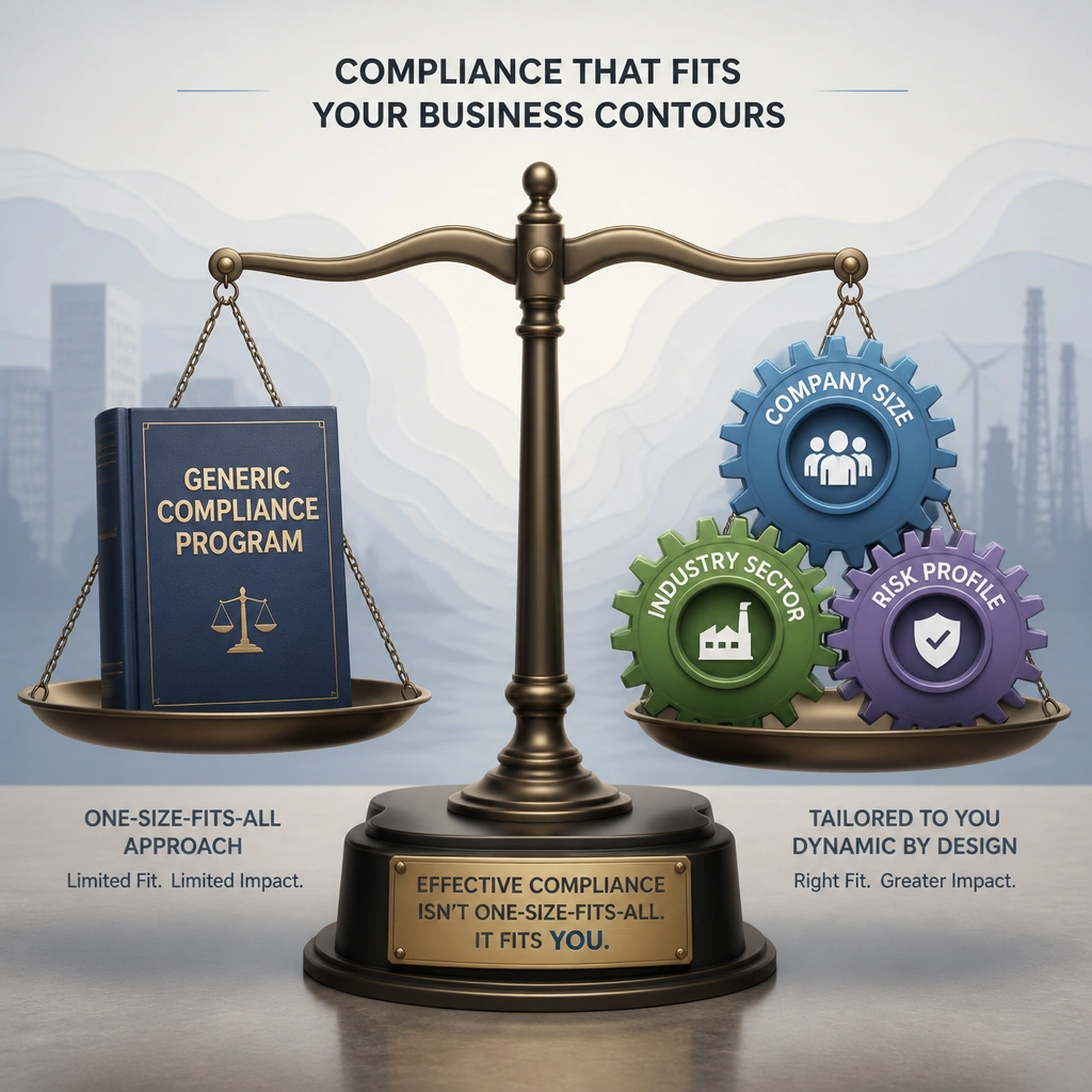 An illustration of a scale with a generic compliance book on one side, and on the other, a set of customized gears representing 'Company Size,' 'Industry Sector,' and 'Risk Profile' working together, showing how a program must be dynamically adjusted to fit the specific contours of a business.