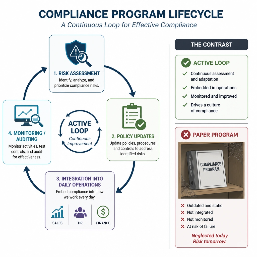 A flowchart showing a continuous loop of a compliance program lifecycle: starting with Risk Assessment, leading to Policy Updates, then to Integration into Daily Operations (with icons representing sales, HR, and finance departments), followed by Monitoring/Auditing, and looping back to Risk Assessment. A separate box should contrast this "Active Loop" with a "Paper Program" sitting neglected on a shelf.