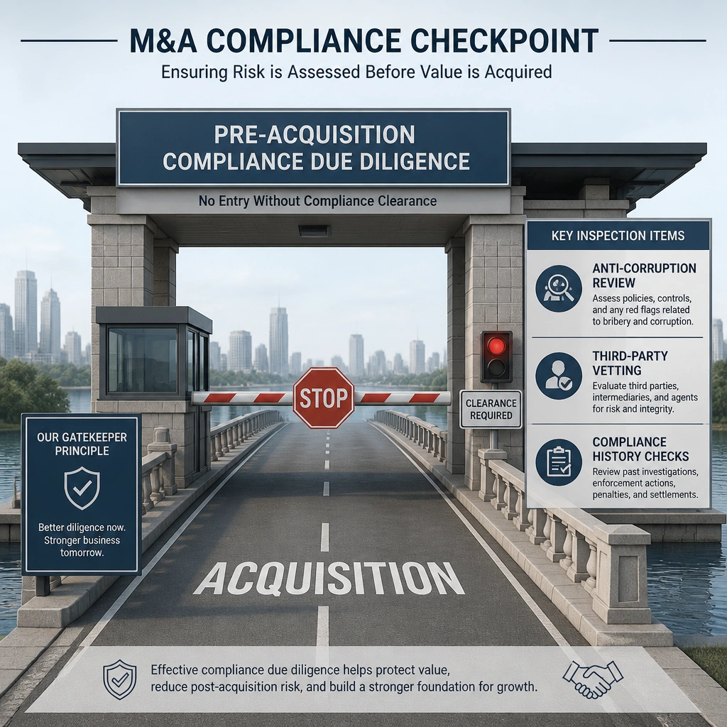 An architectural schematic illustrating the M&A compliance checkpoint, where a bridge representing 'Acquisition' is blocked by a tollgate labeled 'Pre-Acquisition Compliance Due Diligence,' showing key inspection items like anti-corruption review, third-party vetting, and compliance history checks.