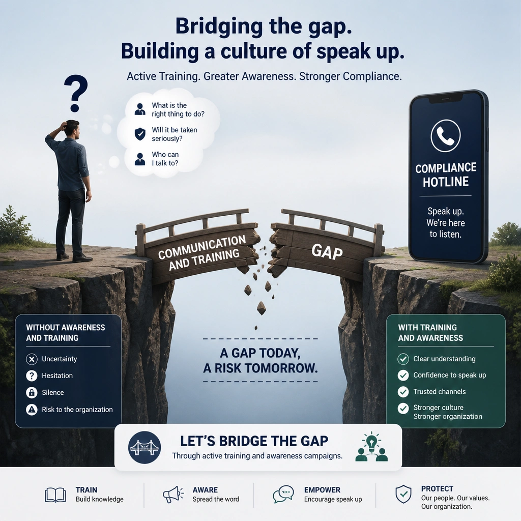 A conceptual graphic showing a barrier between an employee with a question mark over their head and a phone icon labeled 'Compliance Hotline', with a broken bridge labeled 'Communication and Training gap' separating them, emphasizing the need for active training and awareness campaigns.