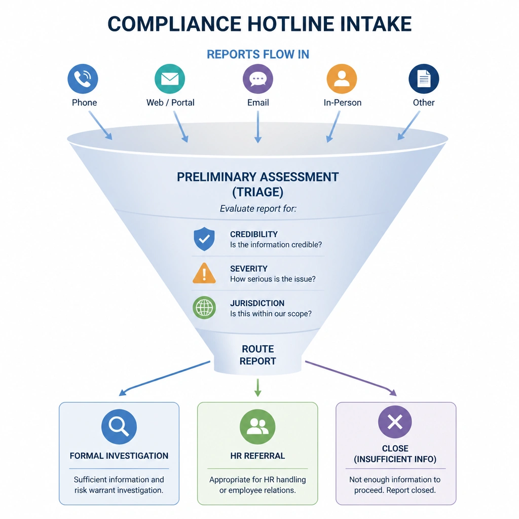 A funnel diagram showing compliance hotline intake: reports flow in, pass through a 'Preliminary Assessment (Triage)' filter checking for credibility, severity, and jurisdiction, and are then routed to either 'Formal Investigation,' 'HR referral,' or 'Close (insufficient info).'