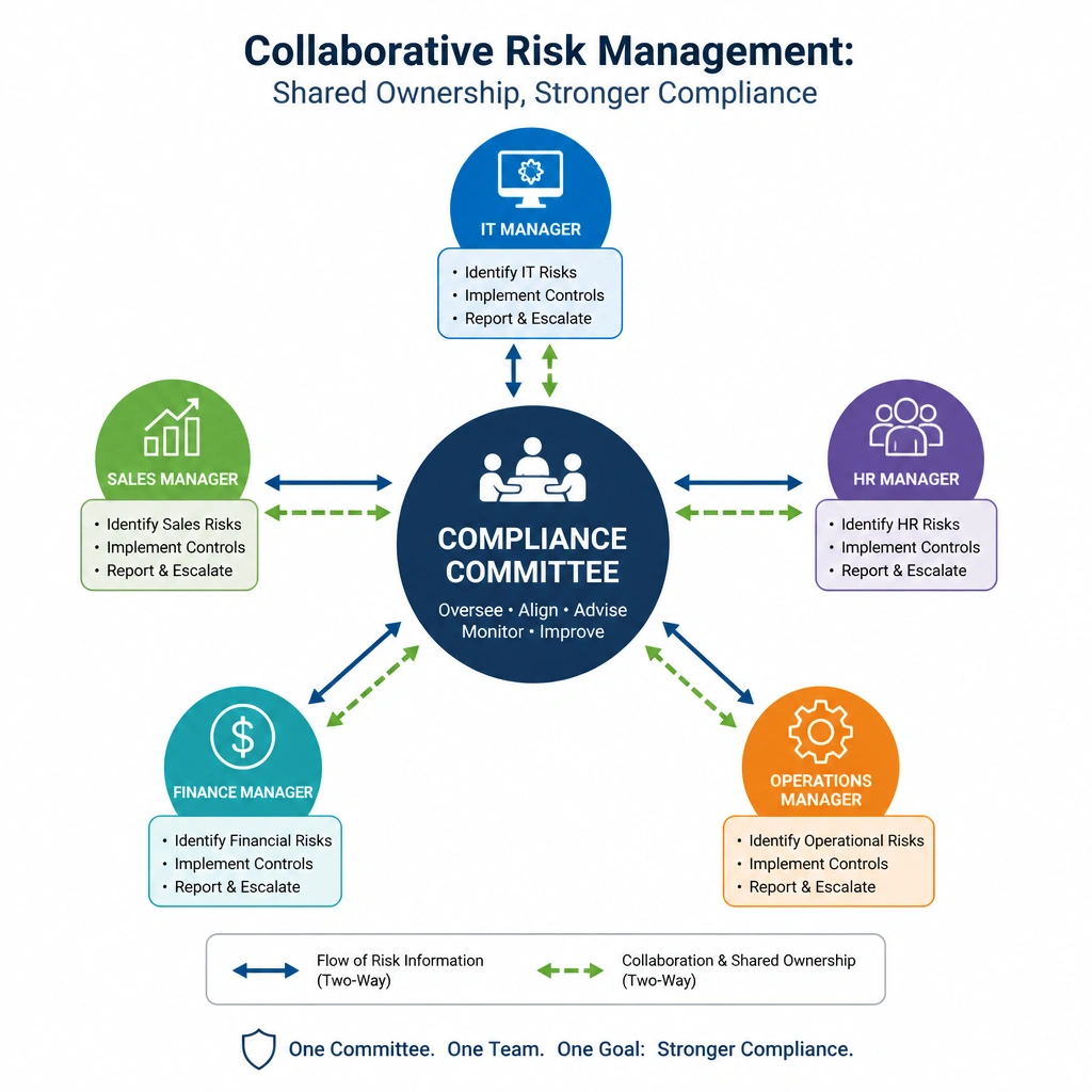 A hub-and-spoke diagram illustrating a central compliance committee linked to different business unit managers (IT, Sales, HR, Finance, Operations), demonstrating the collaborative flow of risk information and shared ownership.